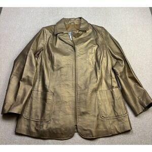 Via Accenti Womens 18W Gold Metallic Leather Blazer Zip Up Jacket 02-0742-3